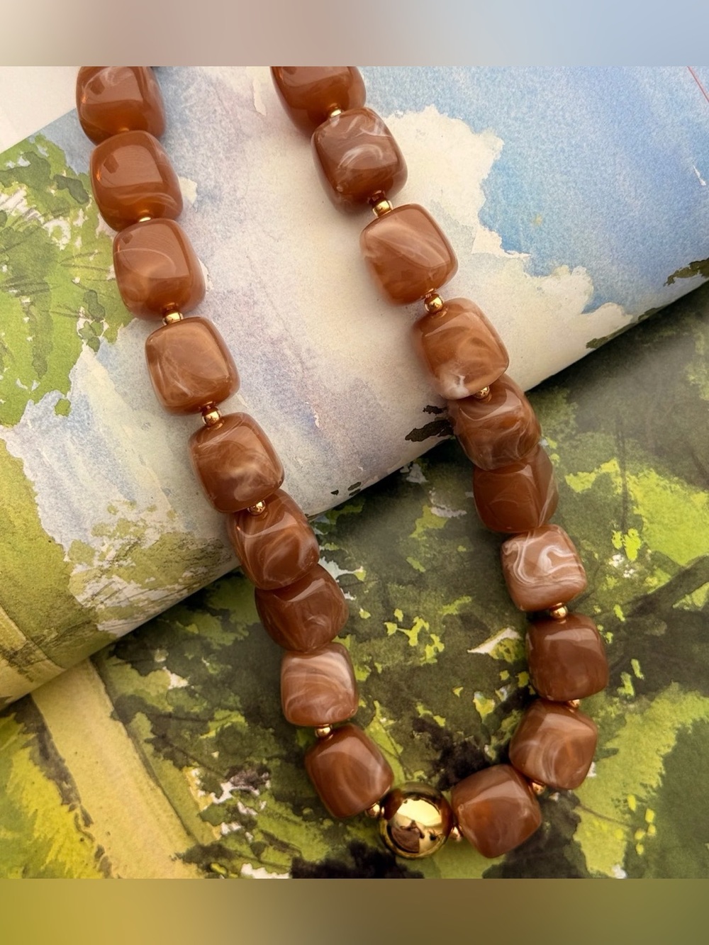 Brown Marbled Bead Necklace - Jewelry